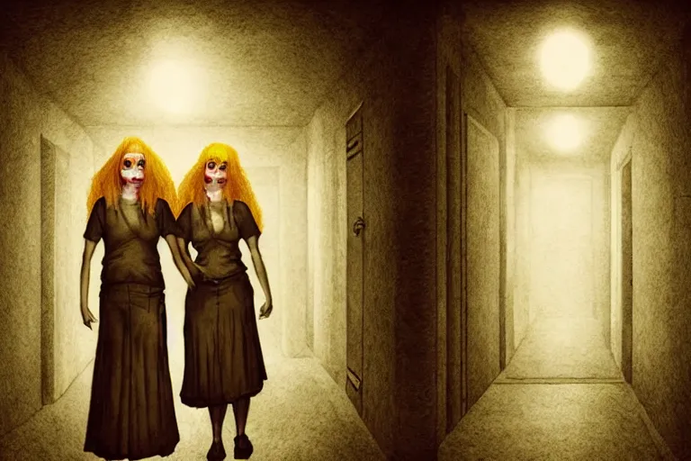 Image similar to scary ginger twin girls standing in an haunted endless hallway, illustration, horror, dark, dramatic lighting, digital art, unique, trending on artstation, artistic, symmetrical, inspired by wes anderson