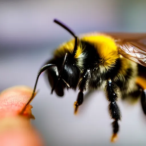 Image similar to a bumblebee resting on the tip of a human finger , depth of field, close up , ultra realistic