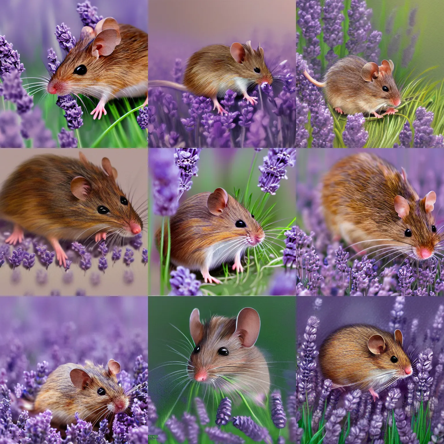 Prompt: a field mouse in lavender, thomas kinkade, artstation, by Sakimichan, intricate, elegant, highly detailed, digital painting, smooth, sharp focus