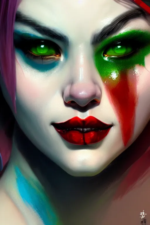 Image similar to ultra detailed close up facial portrait of harley quinn, green eyes, sharp bone structure, extremely detailed digital painting, in the style of fenghua zhong and ruan jia and jeremy lipking and peter mohrbacher, mystical colors, rim light, beautiful lighting, 8 k, stunning scene, raytracing, octane, trending on artstation