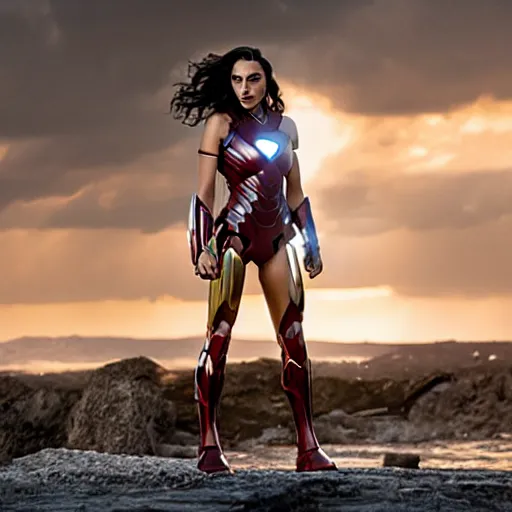 Image similar to film still of Gal Gadot as Ironman in the new Avengers film