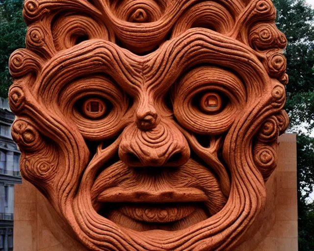 Image similar to by szukalski, francis bacon, vivian maier, mystical redscale photography evocative. an intricate fractal concrete carved sculpture of the secret faces of god, standing in a city center.