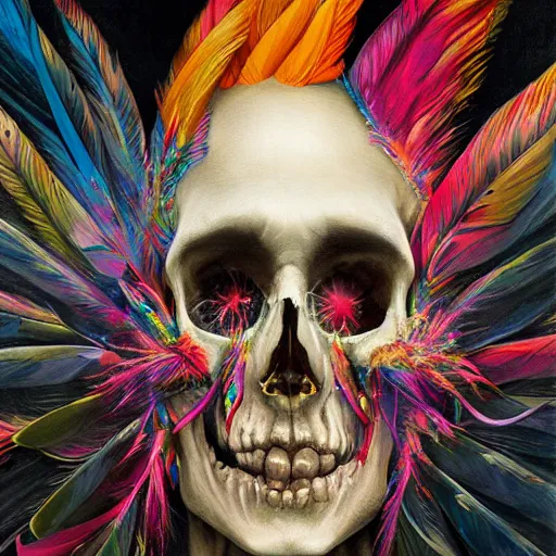 Image similar to art portrait of skeleton with colorful feathers exploding out of head,8k,by tristan eaton,Stanley Artgermm,Tom Bagshaw,Greg Rutkowski,Carne Griffiths,trending on DeviantArt,face enhance,hyper detailed,minimalist,full of colour