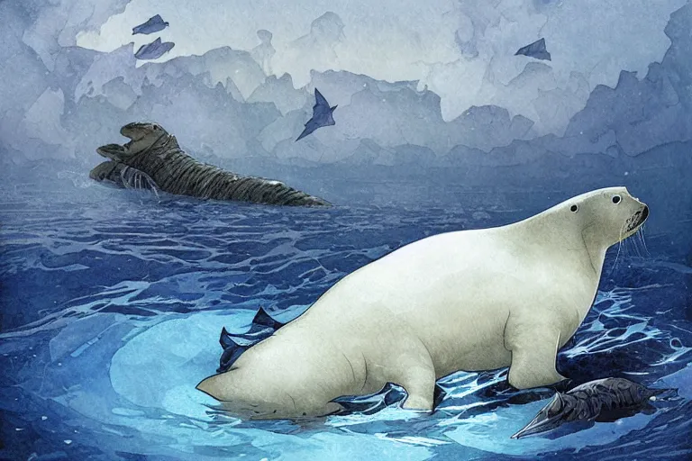 Prompt: a pilosaurus hunting a baby harp seal in the Arctic, swimming among fish in a gray and blue ocean of worrying intent, water color, art by artgerm and greg rutkowski and alphonse mucha and jin xiaodi and anthony devine