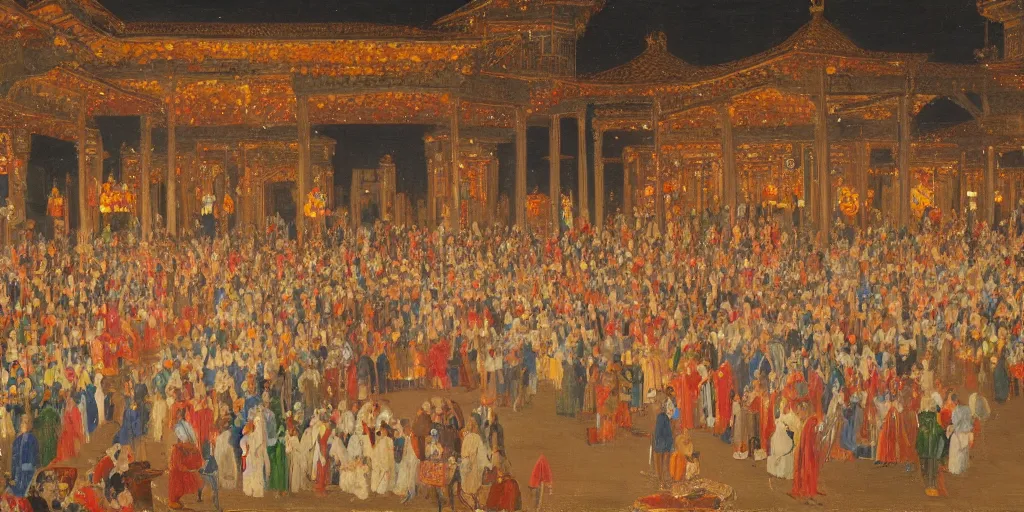 Image similar to night ceremony in the palace, crowd, happy faces, lanterns, detailed, oil - paint