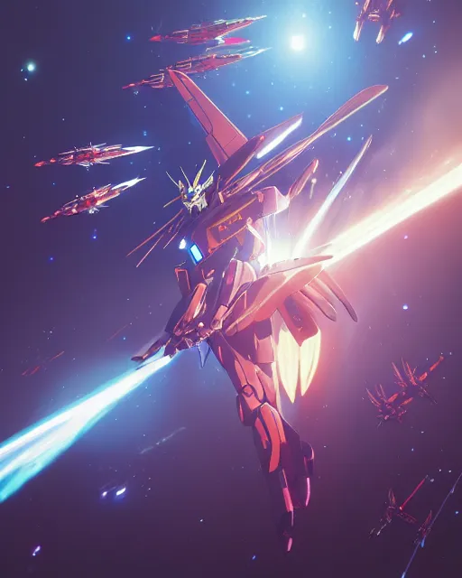 Image similar to highly detailed vfx portrait of a gundam with wings of feathers beam saber fighting in space with a beam gun, unreal engine, greg rutkowski, loish, rhads, beeple, makoto shinkai and lois van baarle, ilya kuvshinov, rossdraws, tom bagshaw, alphonse mucha, global illumination, detailed and intricate environment