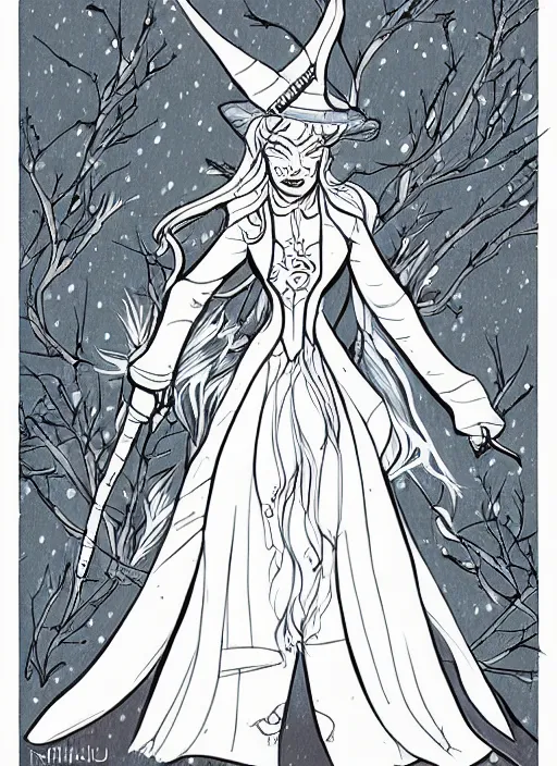 Image similar to snow witch character design by matthieu cousin, pen and ink illustration, fine inking lines, flat colors, concept art