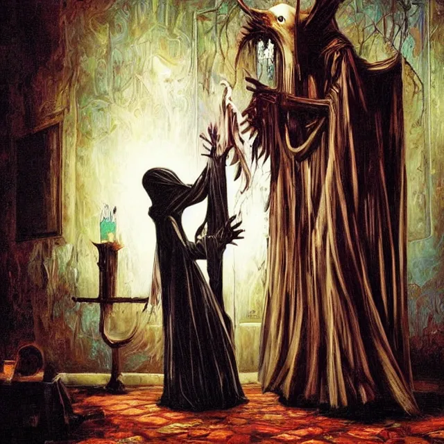 Image similar to a strange creature greeting a female explorer in a dining room, haunted house, masterpiece, rhads!!!, magical realism, urban fantasy, a hooded figure, a fierce woman, ( h. r. giger )
