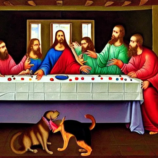 Prompt: a painting of the last supper with cat Jesus and dog disciples
