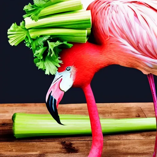 Prompt: A flamingo with human arms eating celery, photography, realistic