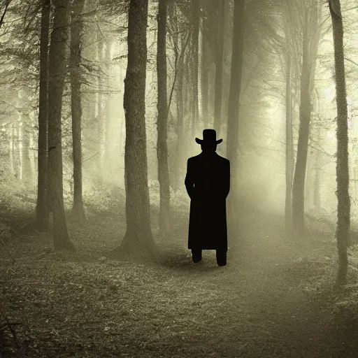 Prompt: shadowy man wearing a trenchcoat and a fedora in a liminal forest, uneasy feeling