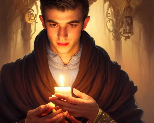 Image similar to a mind - blowing portrait of a fortune seeker male, clean shaven, holding a candle holder, wearing dark maritime clothing, intelligent, deep focus, d & d, fantasy, intricate, elegant, highly detailed, digital painting, artstation, concept art, matte, sharp, illustration, hearthstone, art by artgerm and greg rutkowski and alphonse mucha
