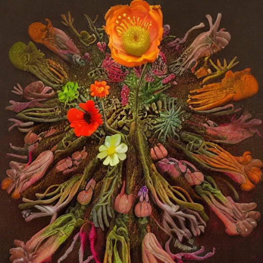 Prompt: disgusting disturbing colorful strange dutch golden age bizarre mutant flower floral still life with many human toes realistic human toes blossoming everywhere insects very detailed fungus tumor disturbing tendrils bizarre slimy forms sprouting up everywhere by rachel ruysch christian rex van minnen black background chiaroscuro dramatic lighting perfect composition masterpiece high definition 8 k 1 0 8 0 p