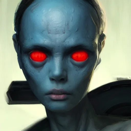 Prompt: portrait of an alien woman by Greg Rutkowski, blue skin, red eyes, black hair with two strand around her face, authority figure, secretary general of the galactic alliance, wearing black uniform, Star Wars Expanded Universe, highly detailed portrait, digital painting, artstation, concept art, smooth, sharp foccus ilustration, Artstation HQ