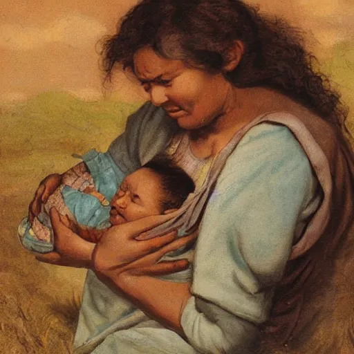 Image similar to human mother nursing a baby with cow teeth