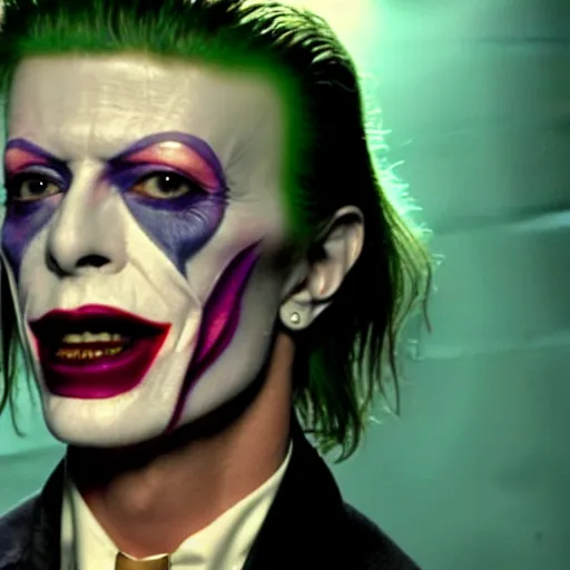 Image similar to awe inspiring David Bowie playing The Joker 8k hdr movie still dynamic lighting