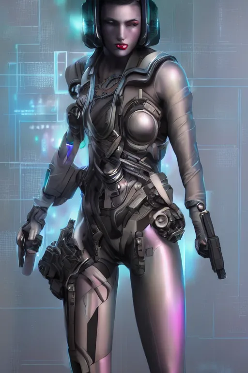 Prompt: digital portrait of an elegant woman cyber assassin with guns, straight on, full body character concept art, concept art, by artgerm, tom bagshaw, gerald brom, vaporwave colors, lo fi colors, vaporwave, lo fi, 4 k, hd, rendered with substance designer,