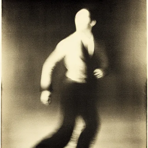 Image similar to a smudged, grainy and blurry photograph showing the whole body of a man dynamically and frenetically dancing in a dark room, edwardian photograph, taken with soviet flash camera at slow shutter speed