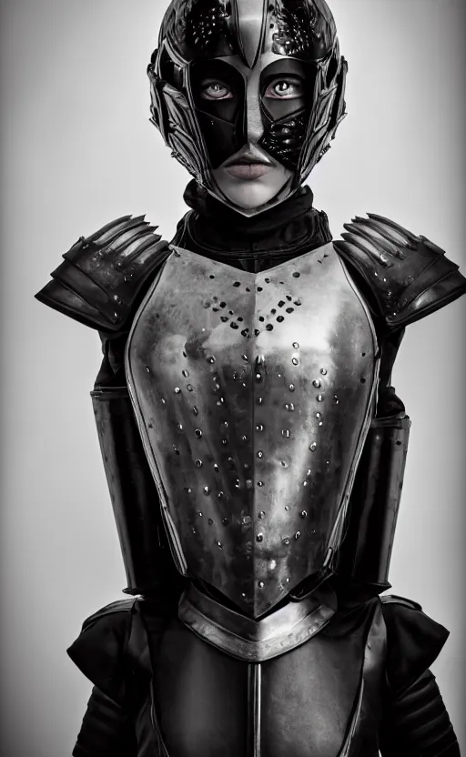 Image similar to symmetrical portrait photograph of a beautiful young woman wearing black armor, angry eyes, no helmet, cinematic, 200mm prime lens