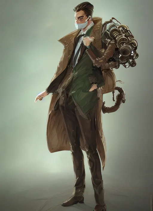 Image similar to a highly detailed illustration of thick wavy brown haired young white guy wearing brown detective trench coat and wearing green face mask, with many mechanical arms on his back, dramatic hands in pocket standing pose, intricate, elegant, highly detailed, centered, digital painting, artstation, concept art, smooth, sharp focus, league of legends concept art, WLOP