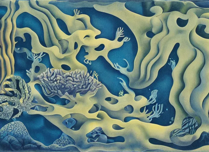 Image similar to an underwater landscape painted by georgia o'keeffe, mc escher, gordon onslow ford and ippolito caffi,