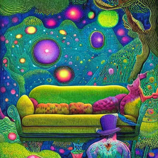 Image similar to psychedelic couch sofa in the lush forest, guitar, milky way, designed by moebius, rob gonsalves, gustav dore, giuseppe arcimboldo and carl barks, louis wain, trending on artstation, canada, star, sharp focus, colorful refracted sparkles and lines, soft light, 8 k 4 k