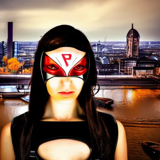 Image similar to portrait of a futuristic superhero, cologne Germany behind her, hd, 4k realistic, award winning photo