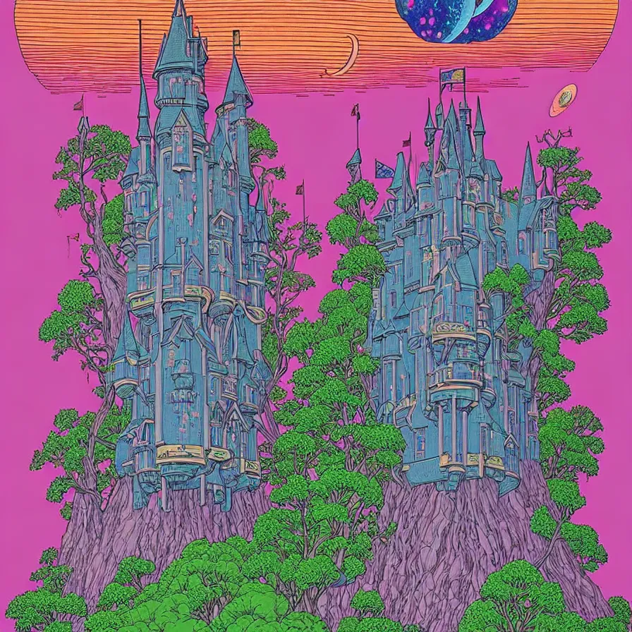 Image similar to ( ( ( ( a majestic castle at the end of a forest and an astronaut looking at it, with decorative frame design ) ) ) ) by mœbius!!!!!!!!!!!!!!!!!!!!!!!!!!!, overdetailed art, colorful, artistic record jacket design