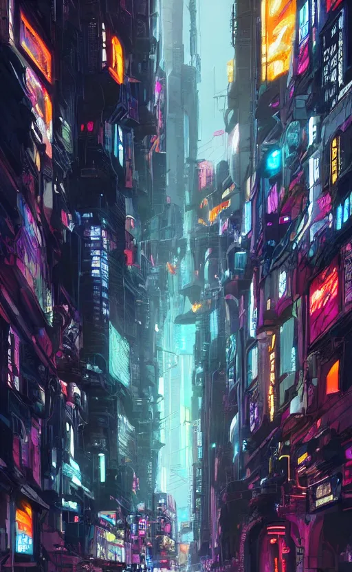 Prompt: a beautiful artwork illustration, cyberpunk city, high contrast, high contrast, high contrast, vibrant colors, vivid colors, high saturation, by Greg Rutkowski and Jesper Ejsing and Raymond Swanland, featured on artstation, wide angle, vertical orientation