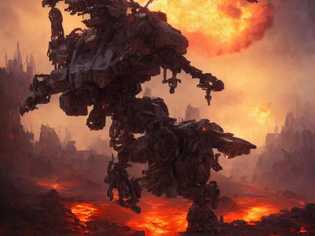 Image similar to portrait of timberwolf battlemech on fire, battle damage, sunset glow around head, full body portrait, intricate, elegant, highly detailed, digital painting, artstation, concept art, smooth, sharp focus, illustration ,sunset, dramatic lighting by Marc Adamus art by artgerm and greg rutkowski and alphonse mucha, background is a city in ruins