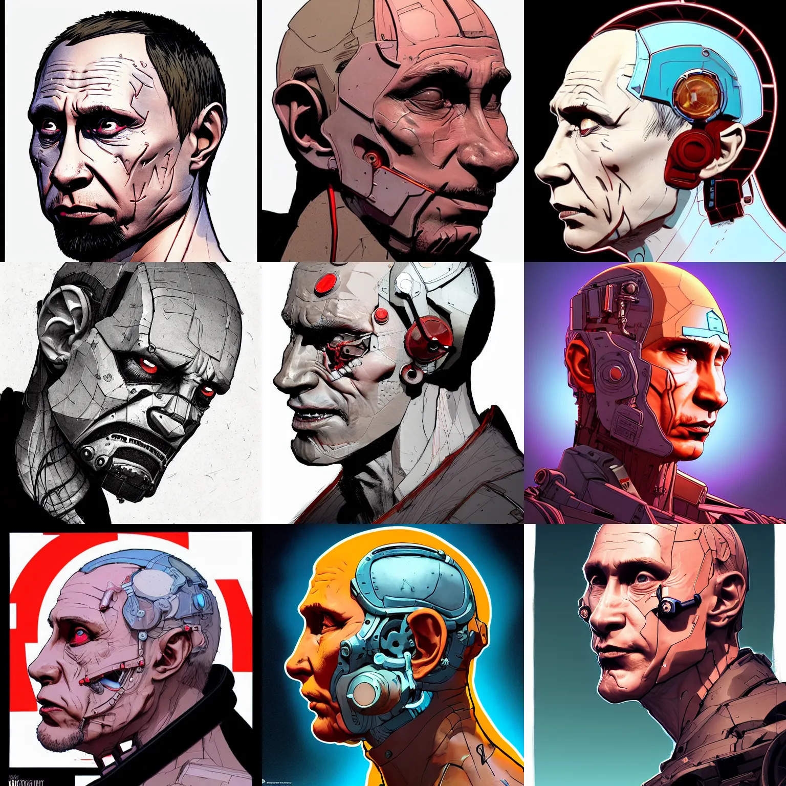Prompt: a study of cell shaded complex sharp sideview portrait of a cyborg vladimir putin looking at the camera as Borderlands 3 concept art, llustration, post grunge, concept art by josan gonzales and wlop, by james jean, Victo ngai, David Rubín, Mike Mignola, Laurie Greasley, highly detailed, sharp focus, intricate, Trending on Artstation, HQ, deviantart, art by artgem