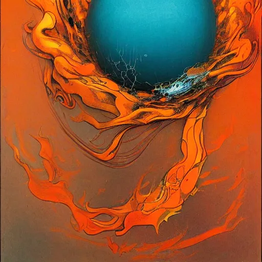 Image similar to a sphere being devoured by abstract splatters of paint in the style of francis bacon, venus being engulfed in flames in the style of james jean, surreal, beksinski, high detailed