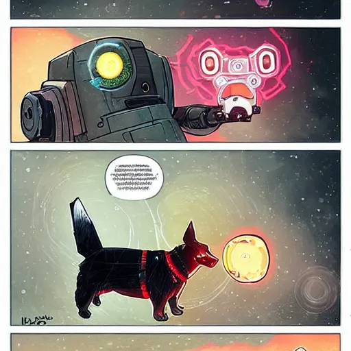 Image similar to half robot half corgi with one laser eye that looks like it's from Borderlands and by Feng Zhu and Loish and Laurie Greasley, Victo Ngai, Andreas Rocha, John Harris