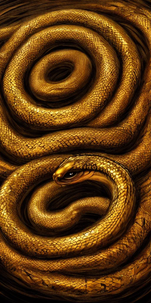 Image similar to concept art of an ouroboro, endless snake, made of gold, on a dark wood background, surrounded by spirals of fog, grimy, gritty, trending on artstation, award winning painting, close portrait, cgi, art by david cronenberg and chris cunningham