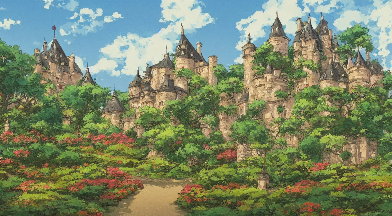 Prompt: a landscape painting of a French castle, with a garden, in the style of anime, by Studio Ghibli