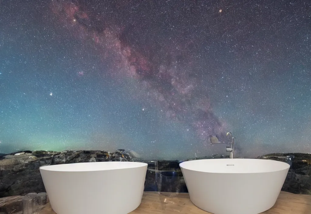 Image similar to a bathroom overlooking the universe