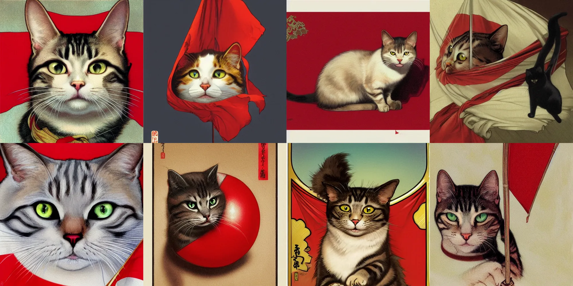 Prompt: a cat face in japanese red ball flag, painted by art by tsuyoshi nagano, greg rutkowski, artgerm, alphonse mucha - h 7 6 8