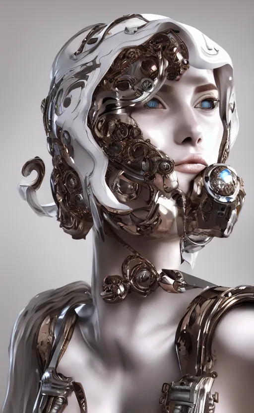 Image similar to white cyborg fashion shot, copper spiral decorations, white elegant baroque design, smooth heads, headshot half figure, photorealistic, 8k, hyper detailed, unreal engine, trending on artstation,