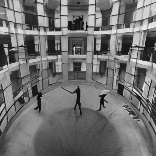 Image similar to mysterious photograph of people levitating in a large atrium