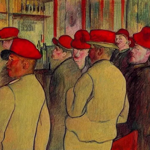 Image similar to red berets soldiers inside of a pub, painting by toulouse - lautrec, cinematic, award winning