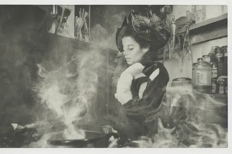 Image similar to polaroid 1 9 8 0's photo, close up portrait, dramatic lighting, concentration, calm confident teen witch and her cat mixing a spell in a cauldron, a little smoke fills the air, a witch hat and cape, a little green smoke is coming out of the cauldron, ingredients on the table, apothecary shelves in the background, still from harry potter