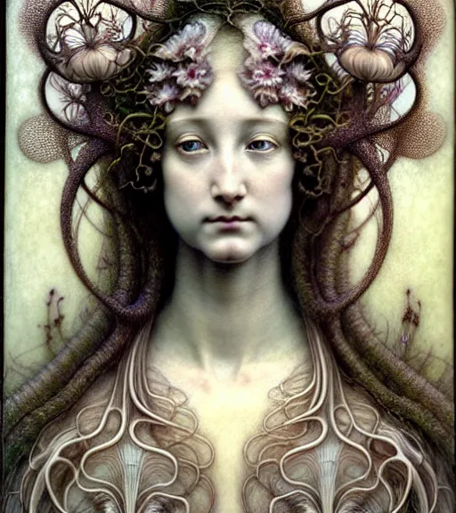 Image similar to beautiful young orchid fairy detailed realistic porcelain face portrait by jean delville, gustave dore, iris van herpen and marco mazzoni, art forms of nature by ernst haeckel, art nouveau, symbolist, visionary, gothic, neo - gothic, pre - raphaelite, fractal lace, intricate alien botanical biodiversity, surreality, hyperdetailed ultrasharp octane render
