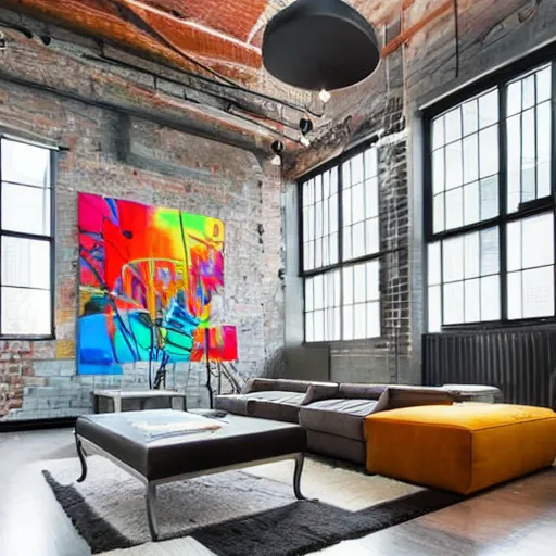 Image similar to trendy downtown loft with modern murals on the wall, modern art and patterns, interior design, beautiful architecture