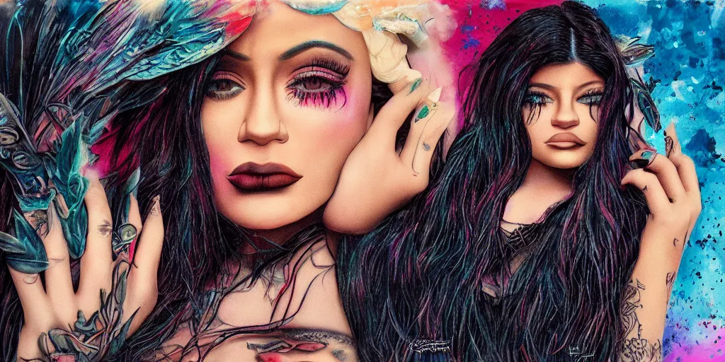 Image similar to hyper realistic kylie jenner on a tomorrow land stage in the style of a slipknot album cover, minimal art style, highly detailed, intricate, digital painting, artstation, 3 5 mm film grain