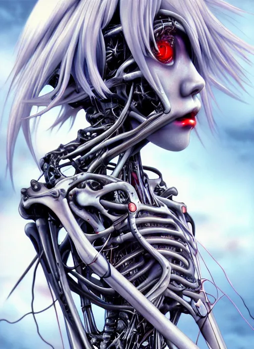 Image similar to Rei Ayanami by Yoshitaka Amano, by HR Giger, biomechanical, profile portrait, 4k, wide ayes, hyper detailed, hyperrealism, anime, a Blood Moon rising on a Broken World 4k very detailed deviantart artstation