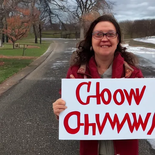 Image similar to A beautiful woman holding a sign that reads Chowning is a Fool.