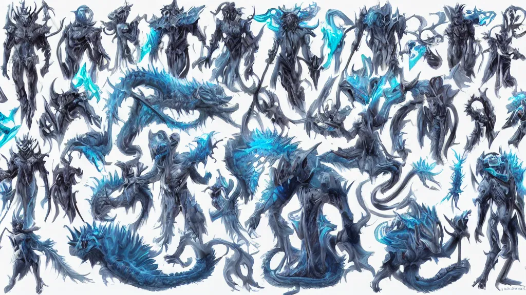 Image similar to a fantasy white and pale blue draconian demon with bright eyes character design sheet, trending on artstation