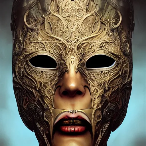 Image similar to Very very very very highly detailed epic photo of face with scarry horror venetian mask, intricate, dystopian, sci-fi, extremely detailed, digital painting, artstation, concept art, smooth, sharp focus, illustration, intimidating lighting, incredible art by Artgerm and Vincent di Fate