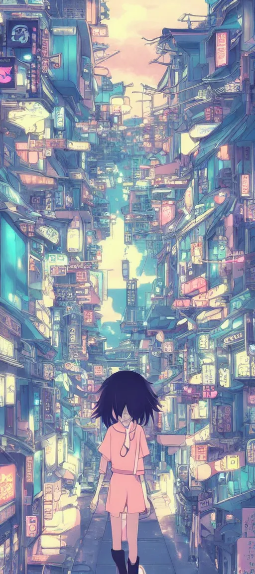 Image similar to beautiful anime! style vaporware tokyo japan, kawaii anime manga style, illustration, aesthetic, muted color disposition, minimalistic, simple art, neon pastel, hayao miyazaki