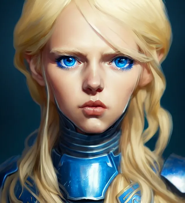 Image similar to character concept art of a cute german woman with blond hair and blue eyes, wearing plastic armor. lovely - fine - face, pretty face, key visual, realistic shaded perfect face, fine details by wlop, james jean, andrei riabovitchev, marc simonetti, sakimichan, trending on artstation